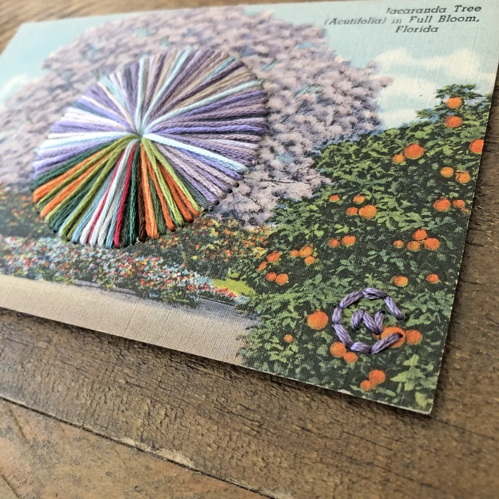Embroidered color hole on vintage postcard — Mrs. Ciccoricco